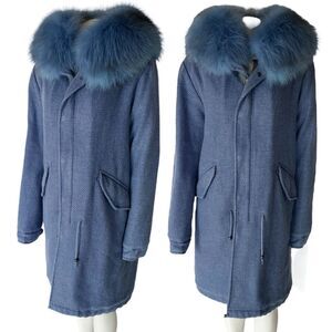 Mr And Mrs Wool Parka Blue With Fur Hood Medium